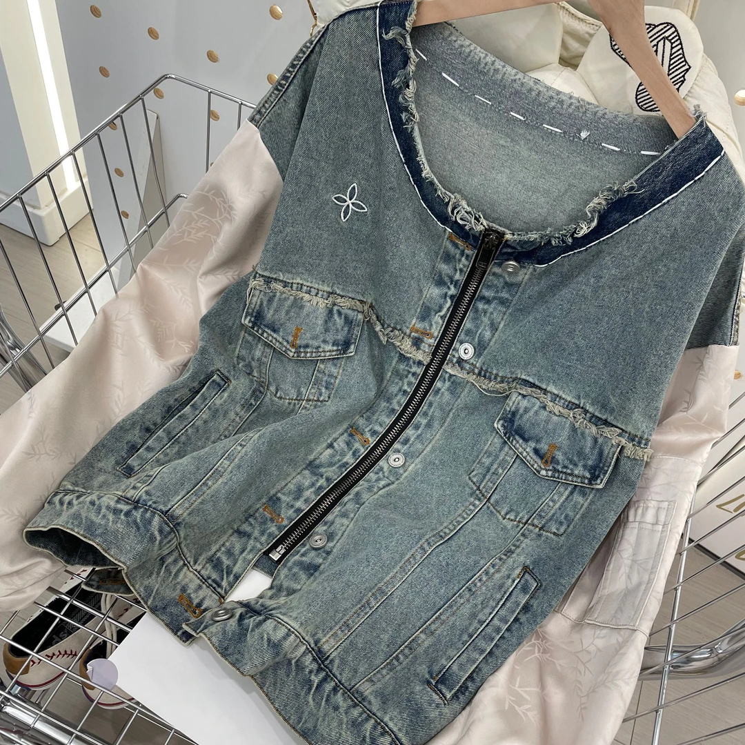 CQ-24071304设计感提花拼接插肩袖牛仔外套