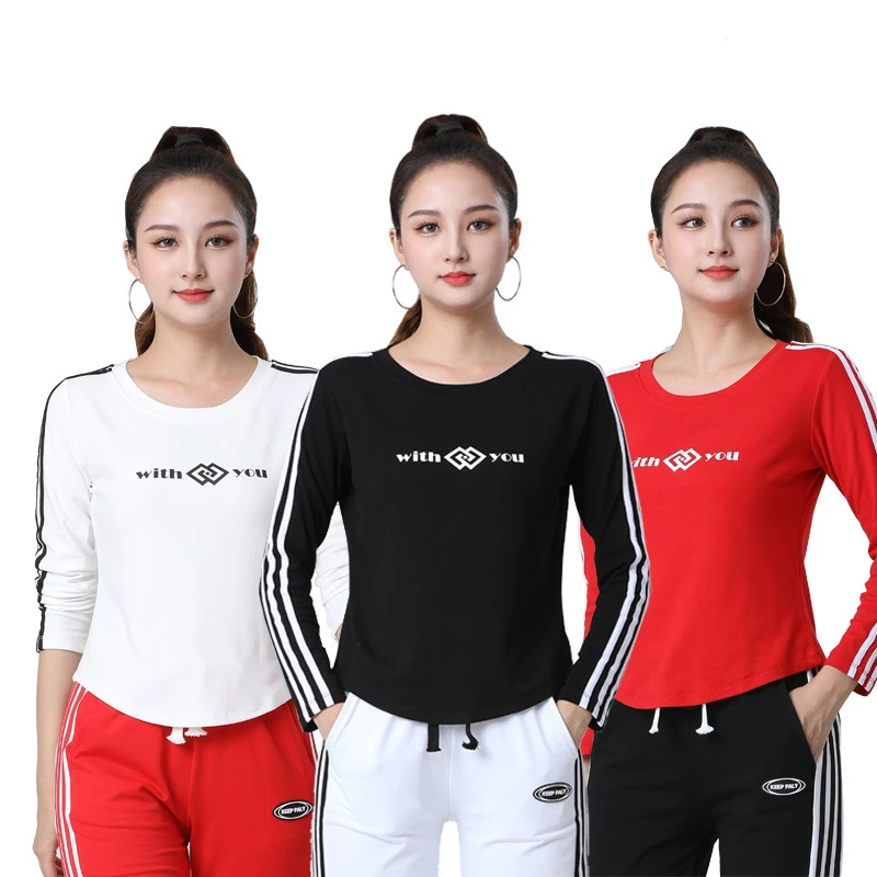 女士运动T恤春秋长袖广场舞服装舞蹈服跑步健身透气休闲圆领上衣