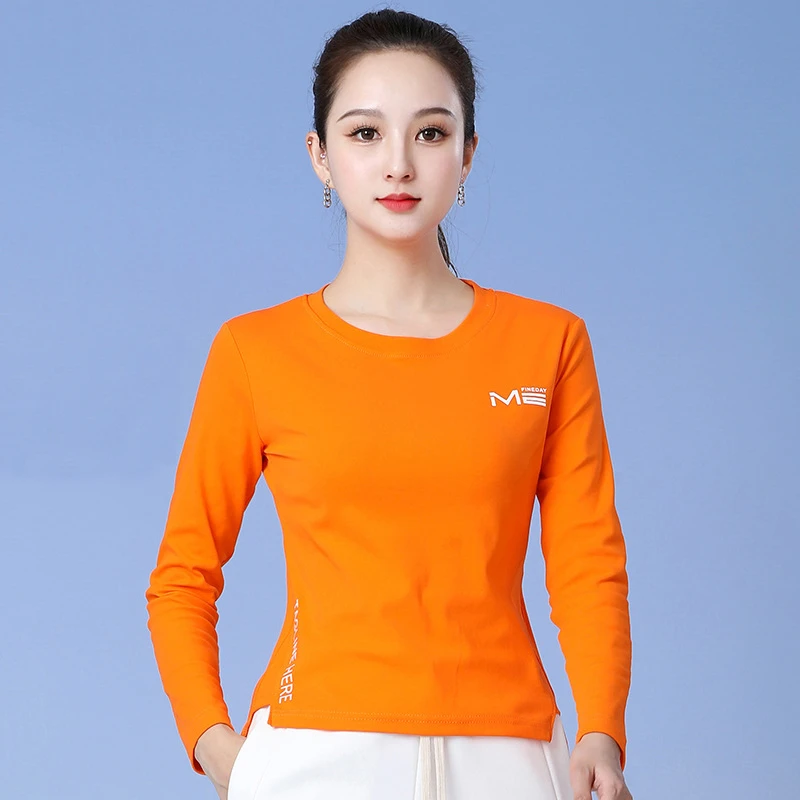 运动T恤春秋棉质长袖圆领修身跳舞跳操上衣广场舞团体表演衣服女