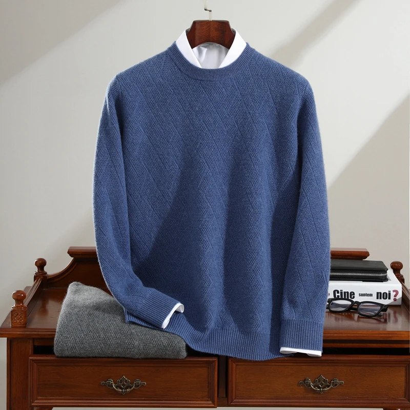 诺鑫高端100%纯山羊绒商务休闲暗菱宽松加厚纯色秋冬针织衫