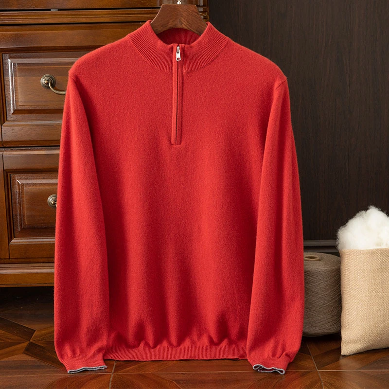 诺鑫100%纯山羊绒衫男士红色秋冬加厚半高领拉链商务纯色针织衫