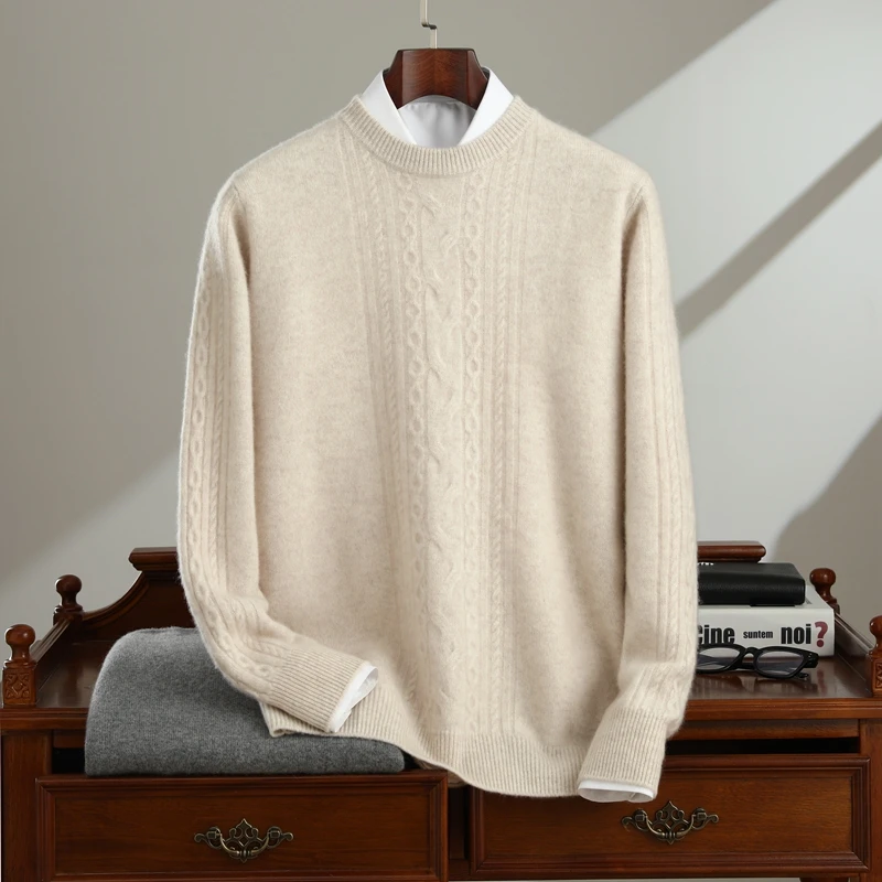 诺鑫高端100%纯山羊绒加厚圆领套头长袖商务休闲针织衫