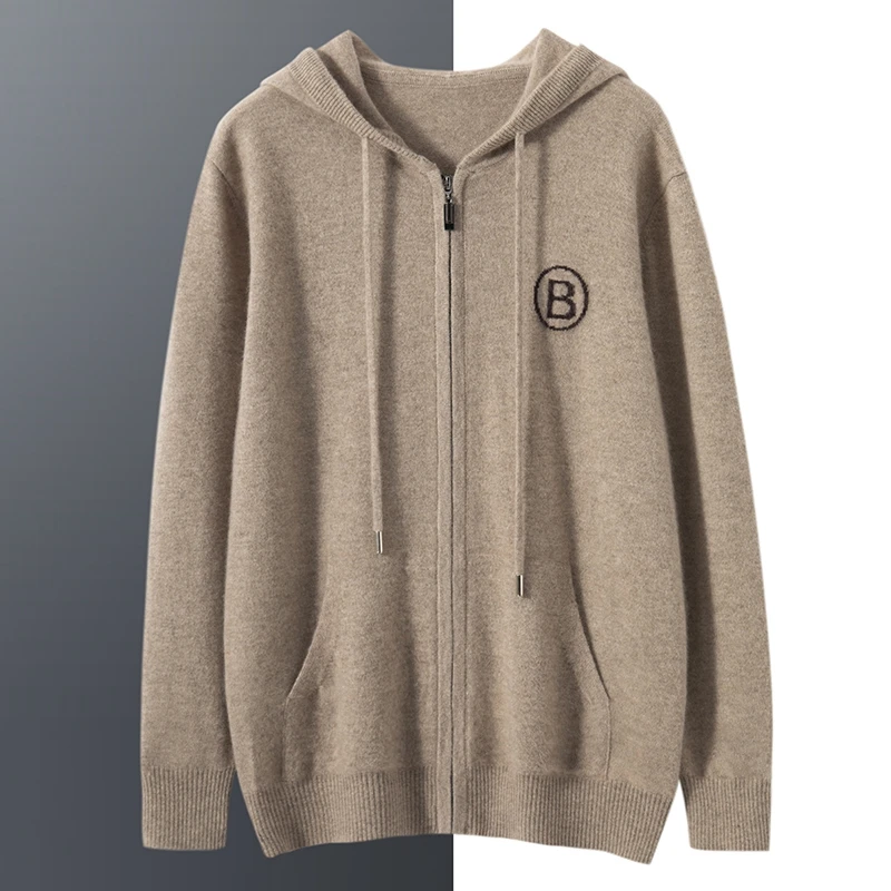 诺鑫高端100%纯山羊绒拉链开衫连帽休闲时尚百搭针织衫