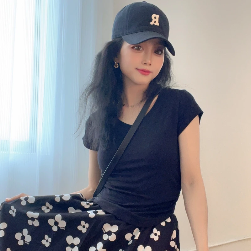 【苏苏家】小个子V领夏季短款高腰褶皱不规则修身显瘦纯色短袖T恤