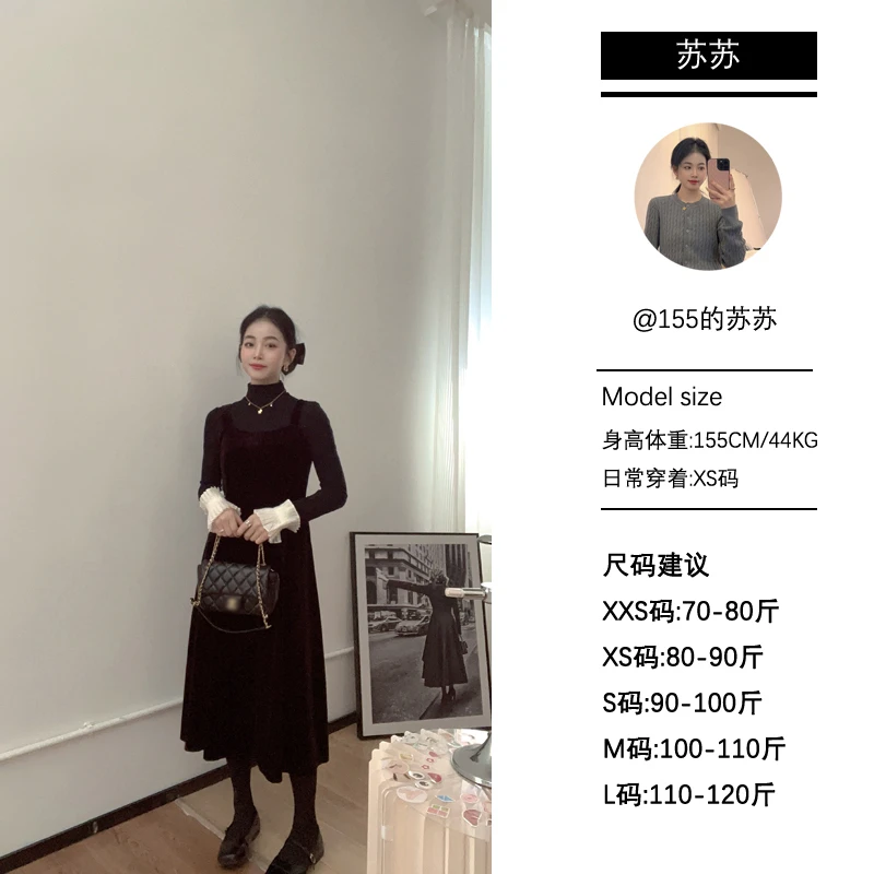 【苏苏家】专为小个子定制2023新款黑色丝绒丝绒小黑裙吊带连衣裙女