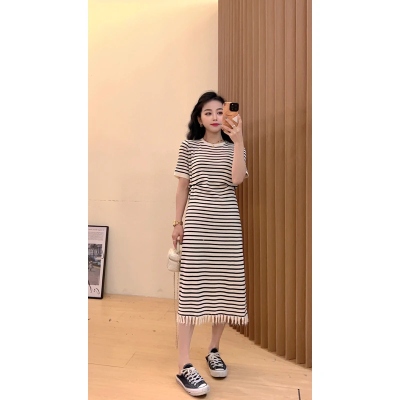 【苏苏家】为小个子定制撞色冰丝条纹针织连衣裙女流苏显瘦长裙