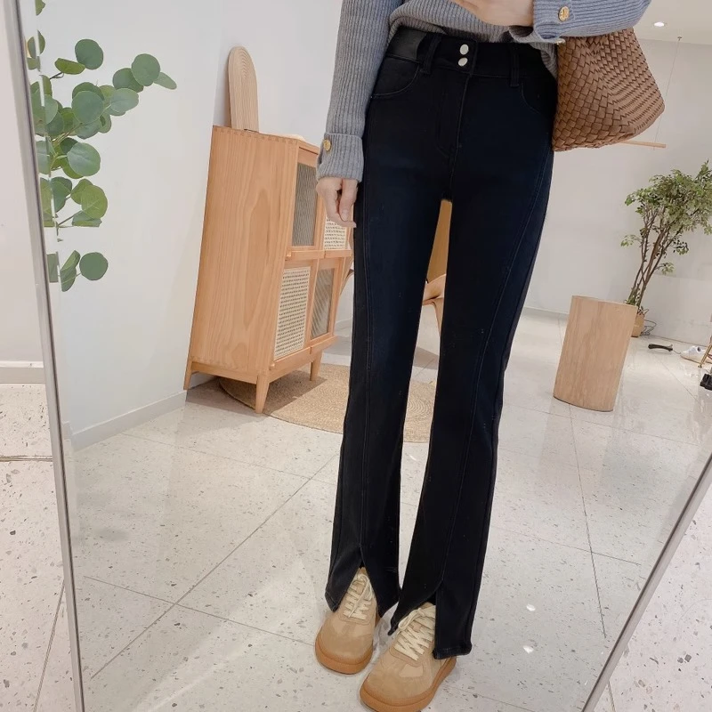 梨形百搭开叉微喇牛仔裤女秋款大码胖妹妹高腰显瘦弹力直筒拖地裤