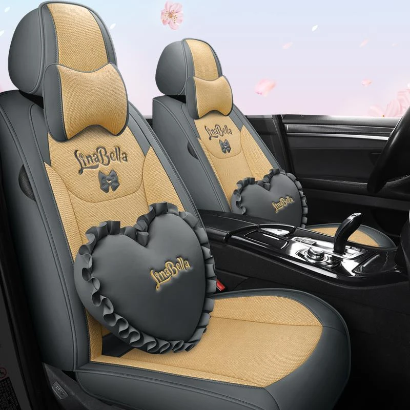 越灿透气亚麻夏季四季通用汽车座套布艺车套坐垫棉车垫座椅套全包