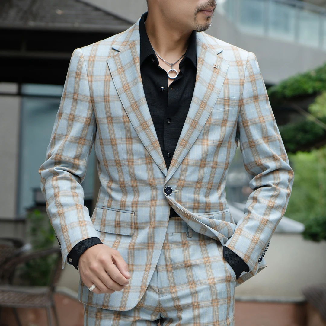 QH2315新款潮流男士西服正装套装商务休闲时尚格子韩版修身西装