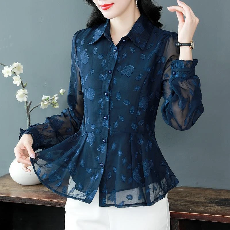 9662修身长袖减龄衬衫女士春装新款气质显瘦提花衬衣收腰裙摆上衣