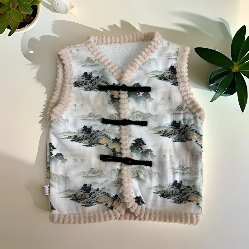 男童秋季新款加绒马甲，秋季上新山水画儿童复古古风中式中国风