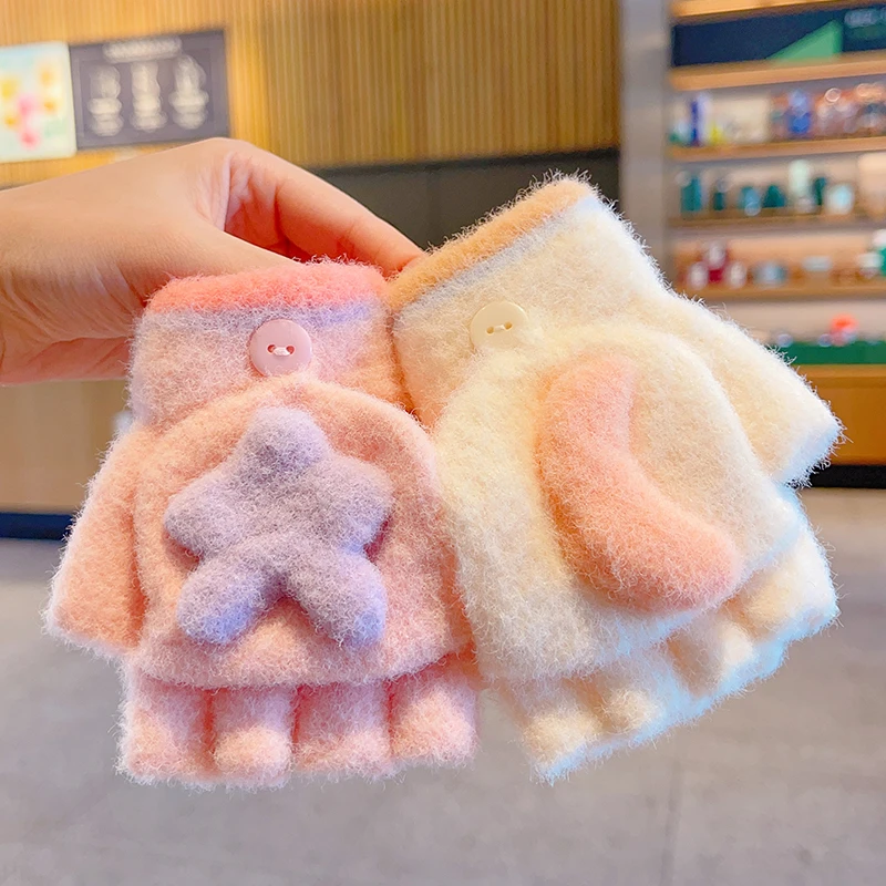 可爱宝宝手套冬季婴幼儿加绒保暖半指翻盖针织漏指女童卡通五指套