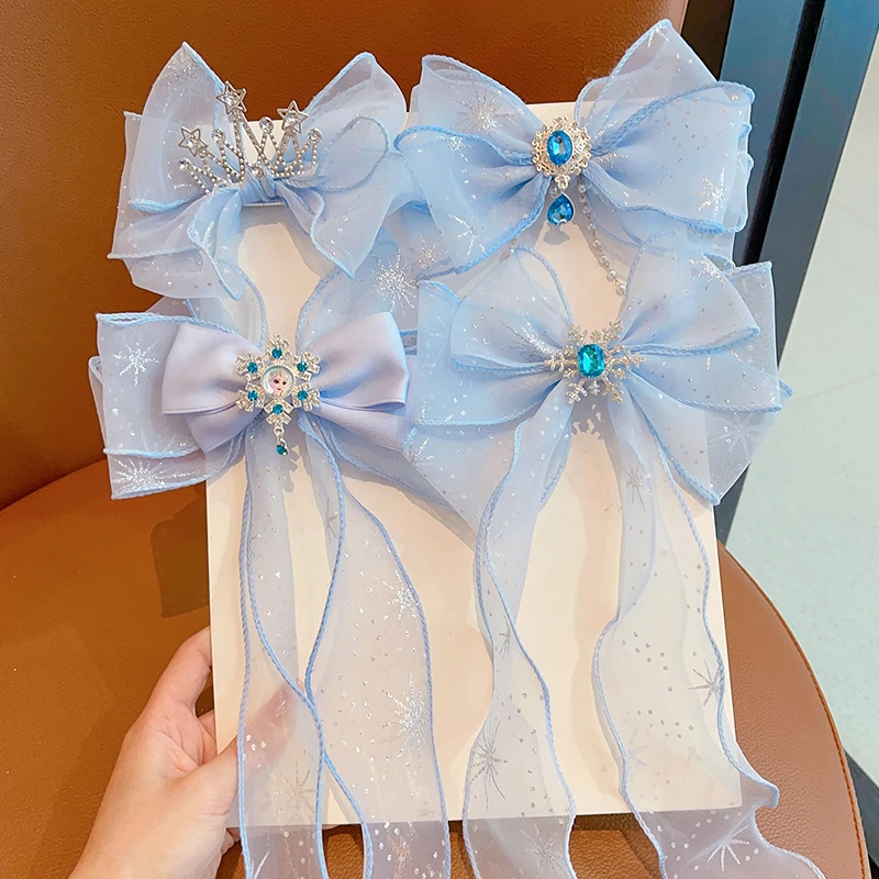女童长飘带蝴蝶结发夹儿童发卡宝宝皇冠发饰女孩爱莎公主头饰夹子