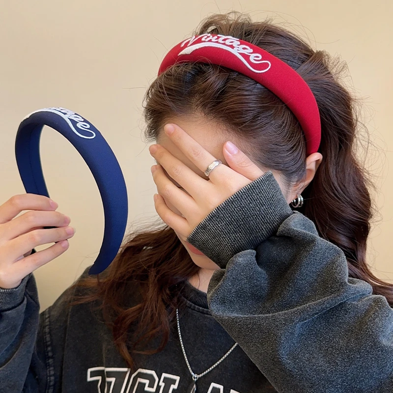 韩版新款时尚高级宽版复古刺绣字母布艺海绵发箍高头颅百搭发饰