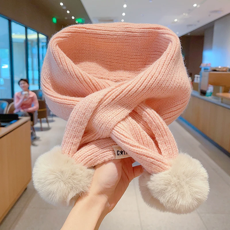 儿童交叉围巾秋冬新款女童防风针织加厚男童保暖宝宝毛球围脖护颈