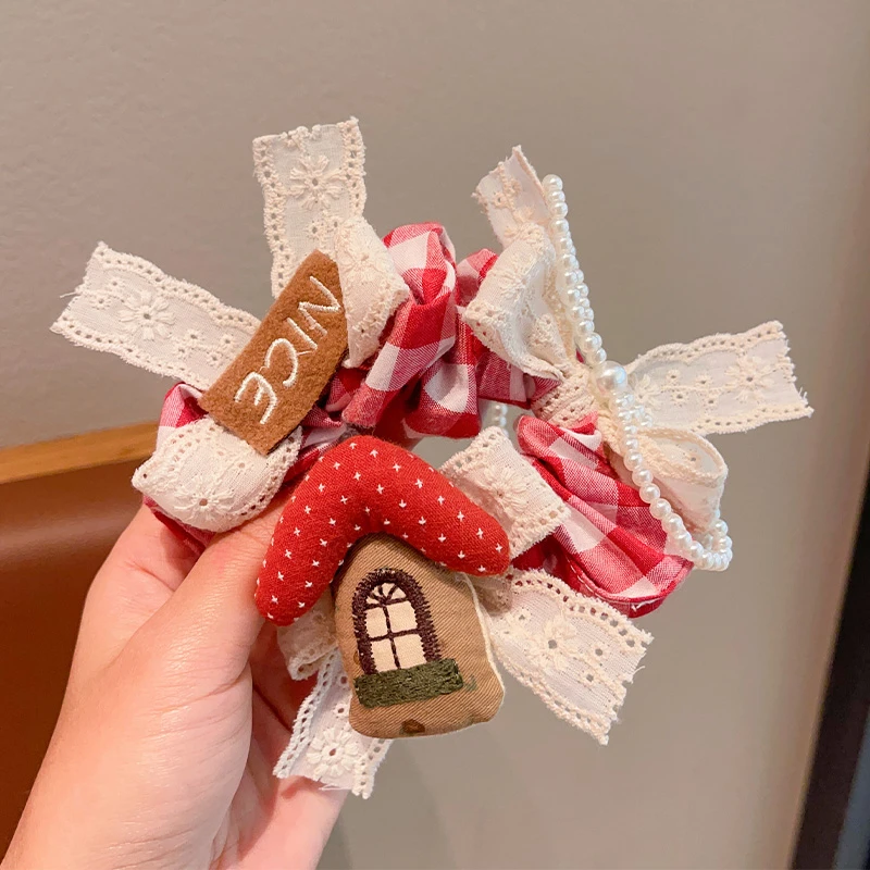 儿童卡通萌宠蕾丝珍珠格子大肠发圈女孩高级感甜美气质扎头发头饰