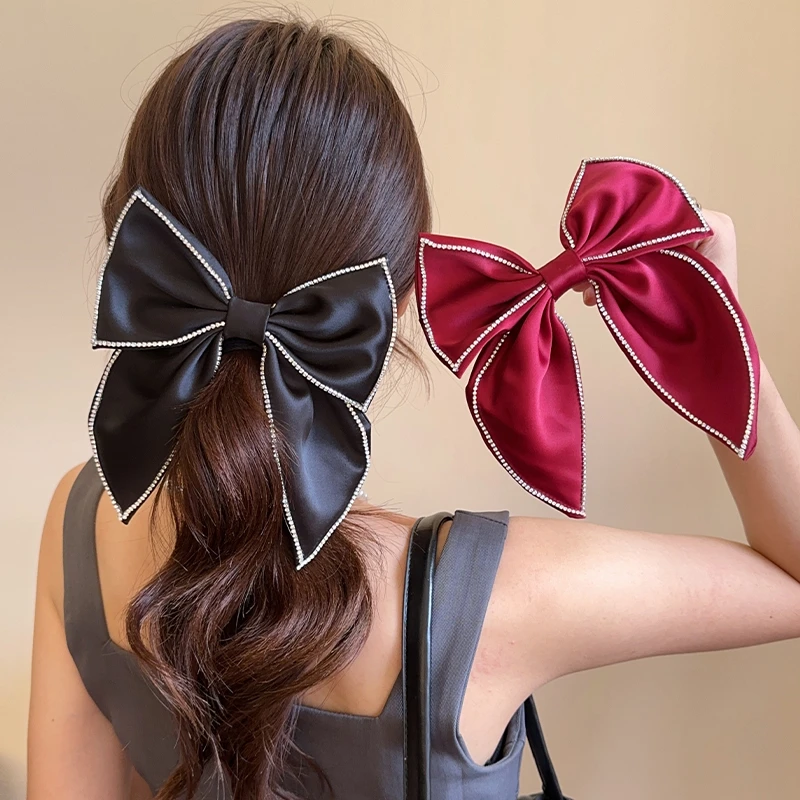 黑色蝴蝶结发夹女高级感后脑勺顶夹名媛千金轻奢水钻弹簧夹女发卡