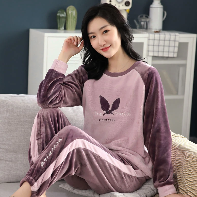 时尚珊瑚绒睡衣女士秋冬季加厚加绒套装秋冬宽松大码法兰绒家居服