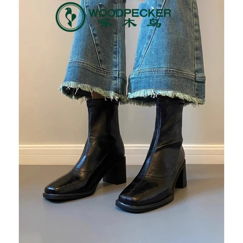 啄木鸟高跟短靴女2024冬季新款爆款加绒粗跟法式棕色方头瘦瘦靴子