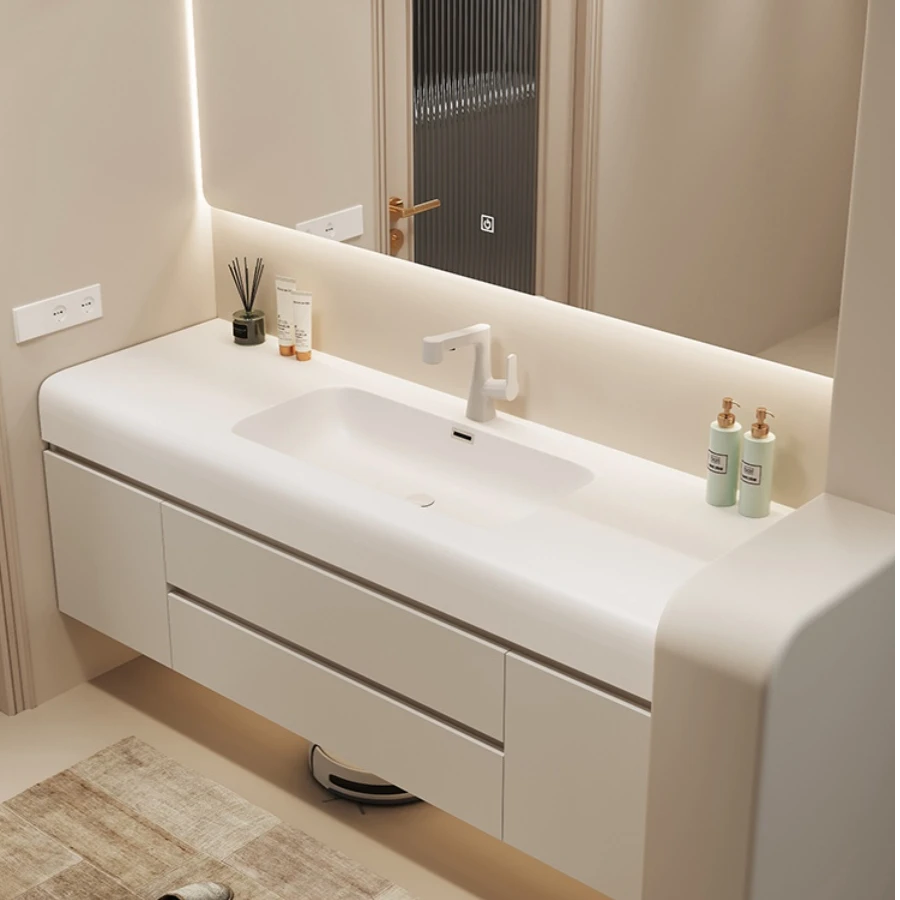 肤感可丽耐一体盆浴室柜奶油风卫生间卫浴洗漱台洗手盆柜组合陶瓷