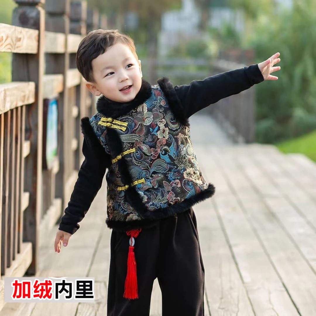 儿童中国风拜年服唐装坎肩姐弟男女童中式加绒夹棉仿兔毛绸缎马甲