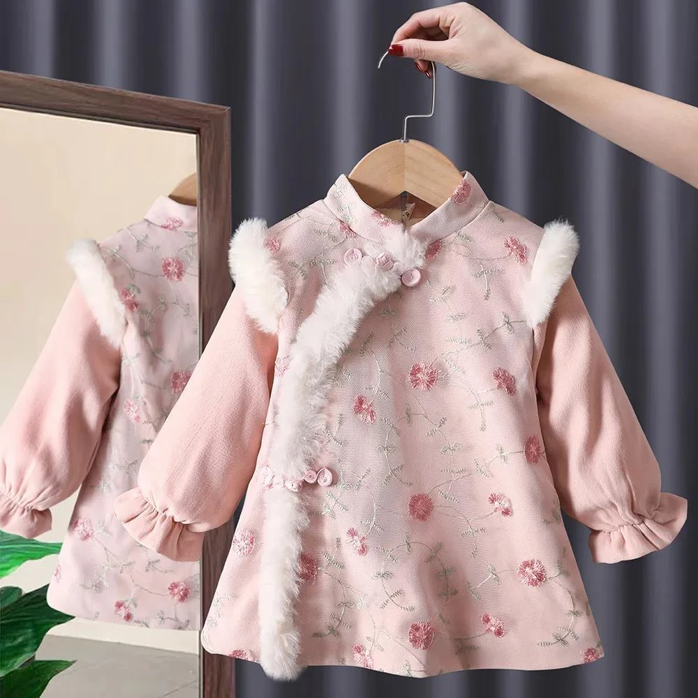 拜年服女童旗袍连衣裙冬秋装新款宝宝生日周岁中国风唐装加绒汉服