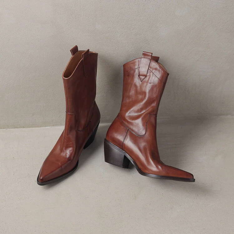 水洗工艺-尖头西部牛仔靴/头层牛皮/粗跟中筒靴女骑士靴
