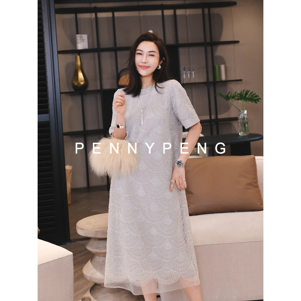 PENNYPENG灰月光欧若风气质复古显瘦法式设计师重工珠片绣连衣裙