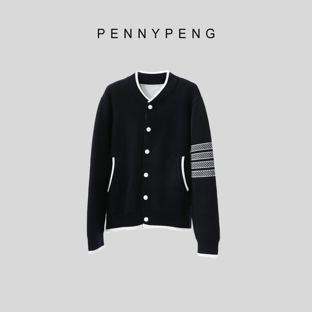 PENNYPENG船锚时尚休闲宽松设计师简约百搭藏青棒球服撞色开衫
