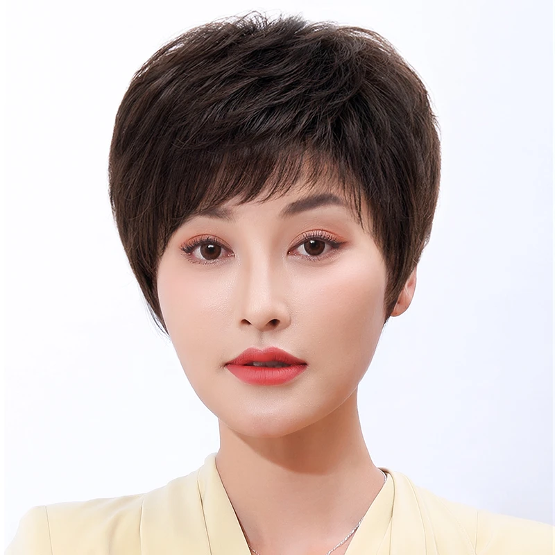 假发女 短发真发手织透气中老年假发妈妈发套女士短直发全头套