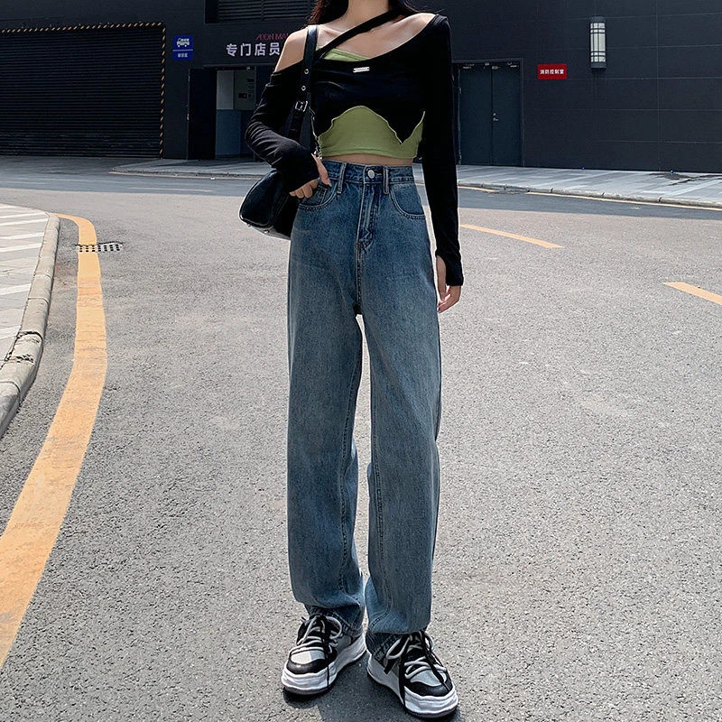 复古高腰阔腿牛仔裤女2025年秋冬新款显瘦直筒宽松百搭小个子裤子