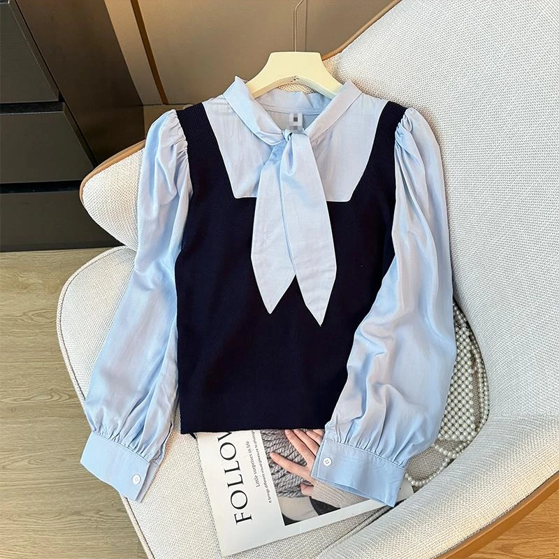 假两件针织马甲拼接长袖衬衫女秋季时尚减龄洋气百搭宽松系带上衣