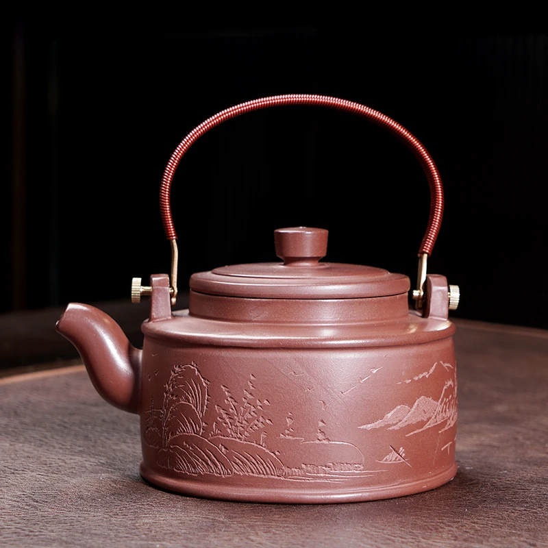 宜兴紫砂壶单朱泥提梁壶山水洋菊仿古壶大容量泡茶壶