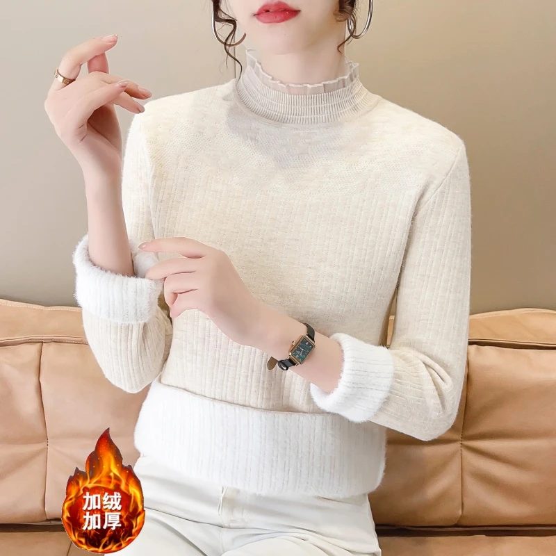 加厚针织打底衫女半高领2024年秋冬新款加绒毛衣女一体绒保暖上衣