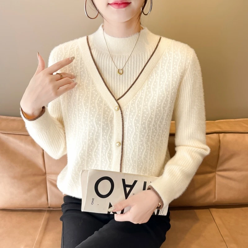 2024年秋冬新款假俩件毛衣女半高领保暖针织衫内搭洋气时尚上衣