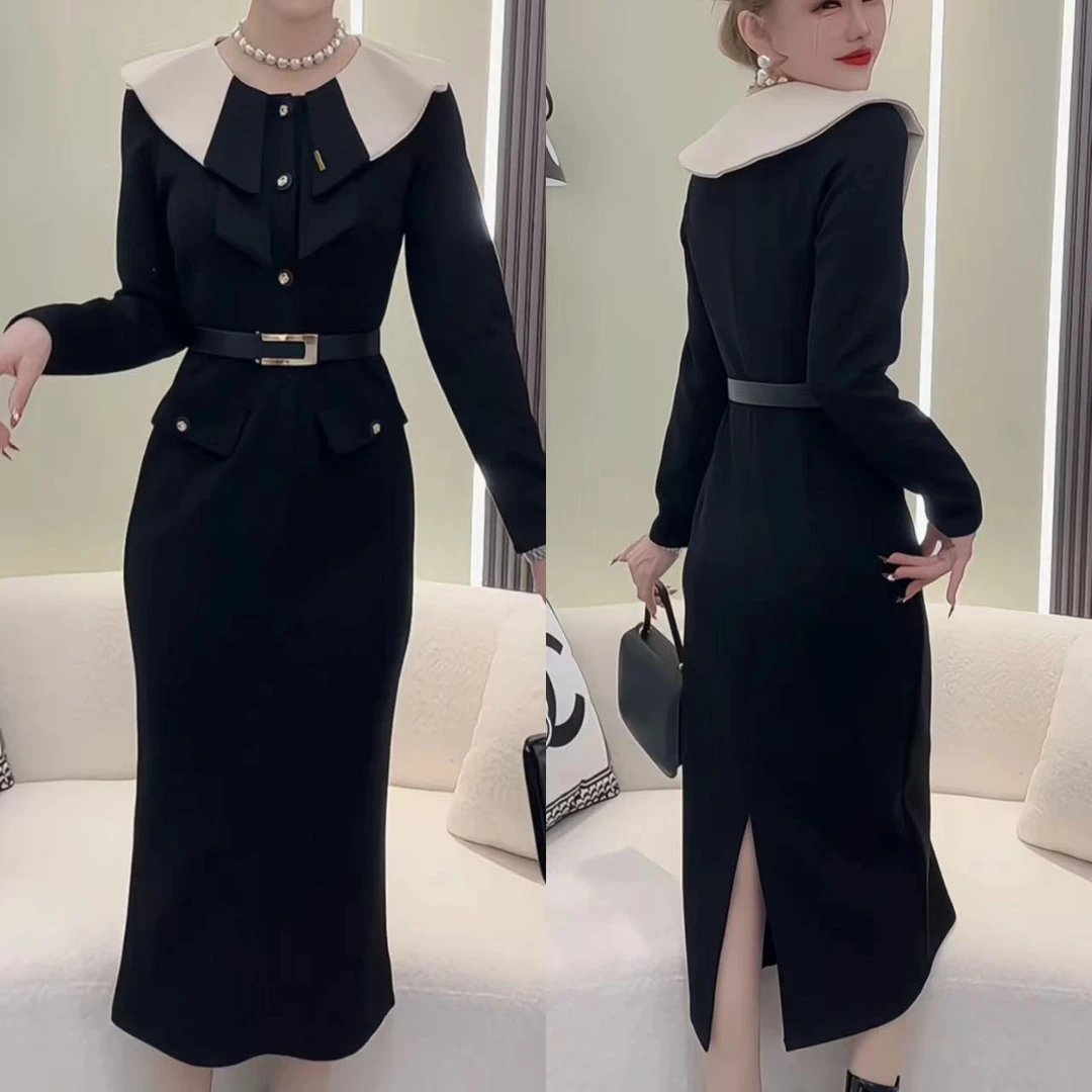 时尚修身秋冬轻奢显瘦气质中长款连衣裙