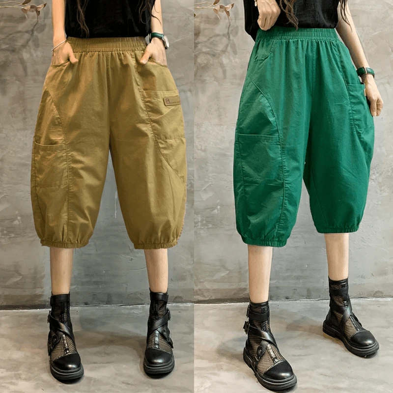 松紧腰时尚纯色七分裤休闲工装裤女夏宽松显瘦哈伦全棉束脚灯笼裤