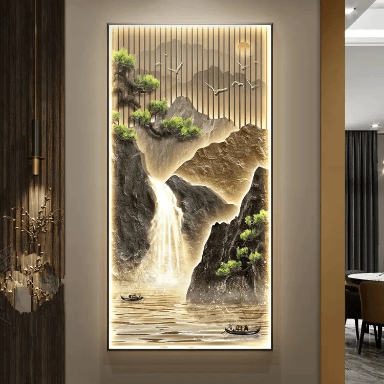 流水生财玄关装饰画入户门走廊过道挂画新中式山水画竖版客厅壁画