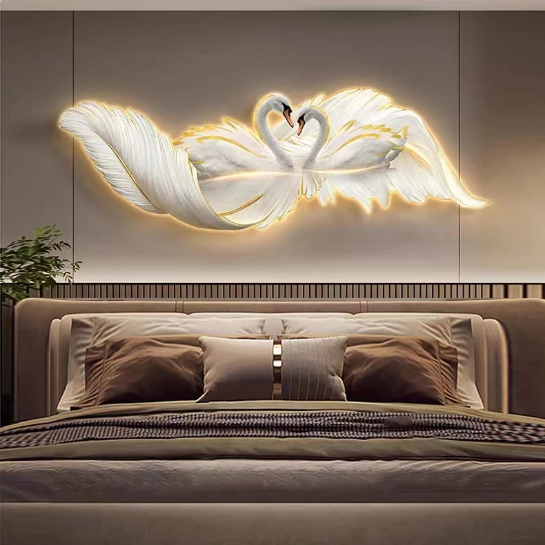 现代轻奢羽毛晶瓷灯画客厅背景墙温馨壁画天鹅情侣卧室床头装饰画