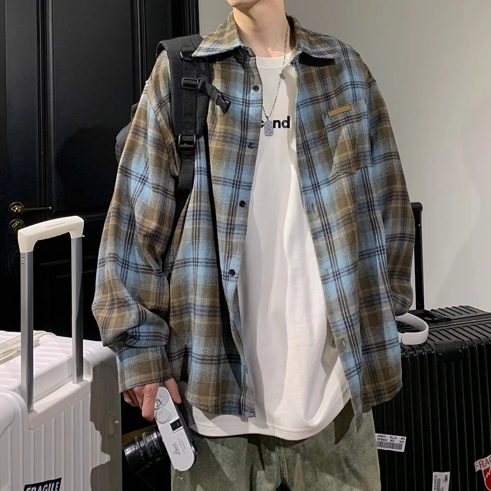 潮牌磨毛格子衬衫男女春秋季美式复古宽松格纹长袖衬衣情侣外套