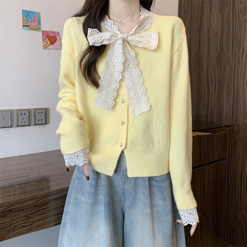 甜美减龄蕾丝蝴蝶结针织衫女秋冬高级感气质软糯毛衣亮色打底上衣