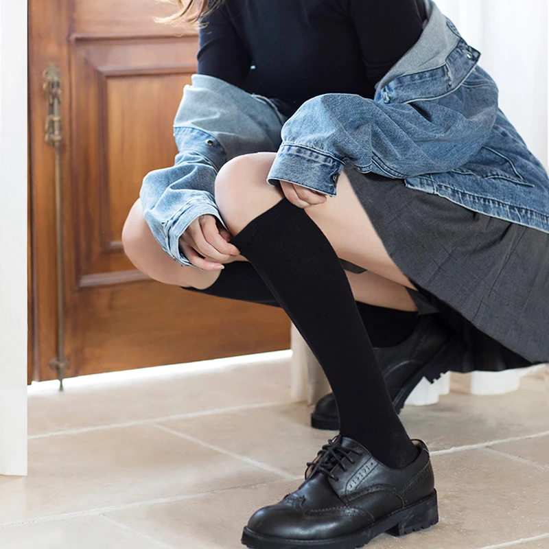 觅橘小腿袜压力袜女袜子学院派jk高筒过膝学生ins黑色针织纯色
