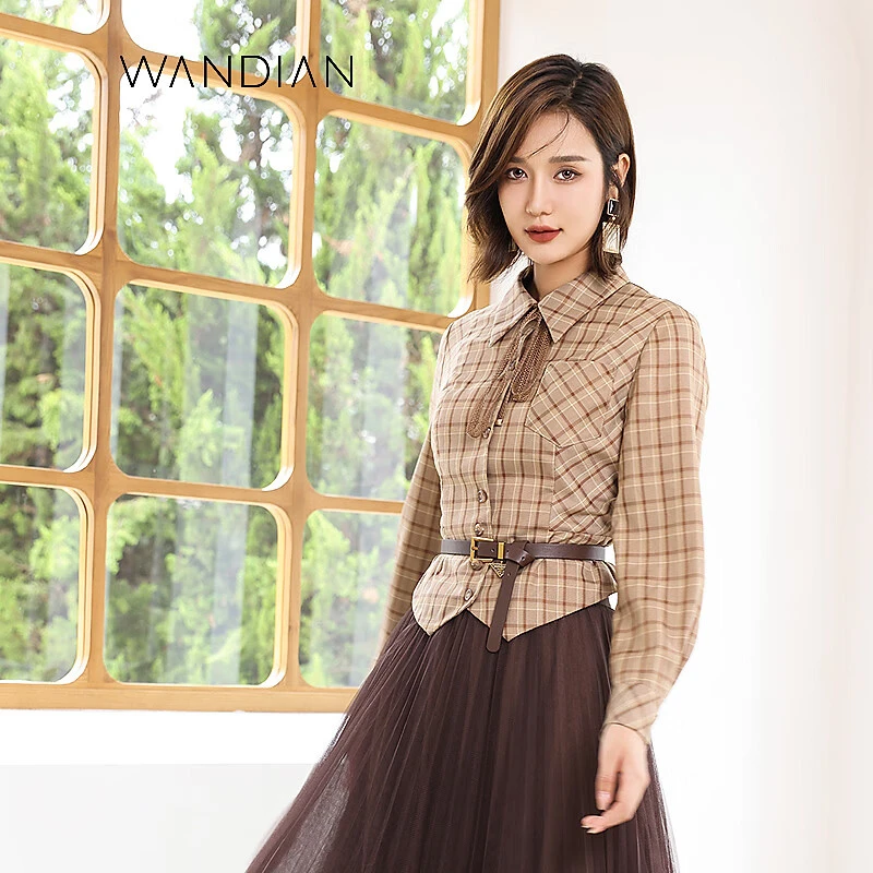 婉甸格子女士气质秋冬爆款衬衣洋气百褶棕咖显瘦衬衫1231S12SJ3
