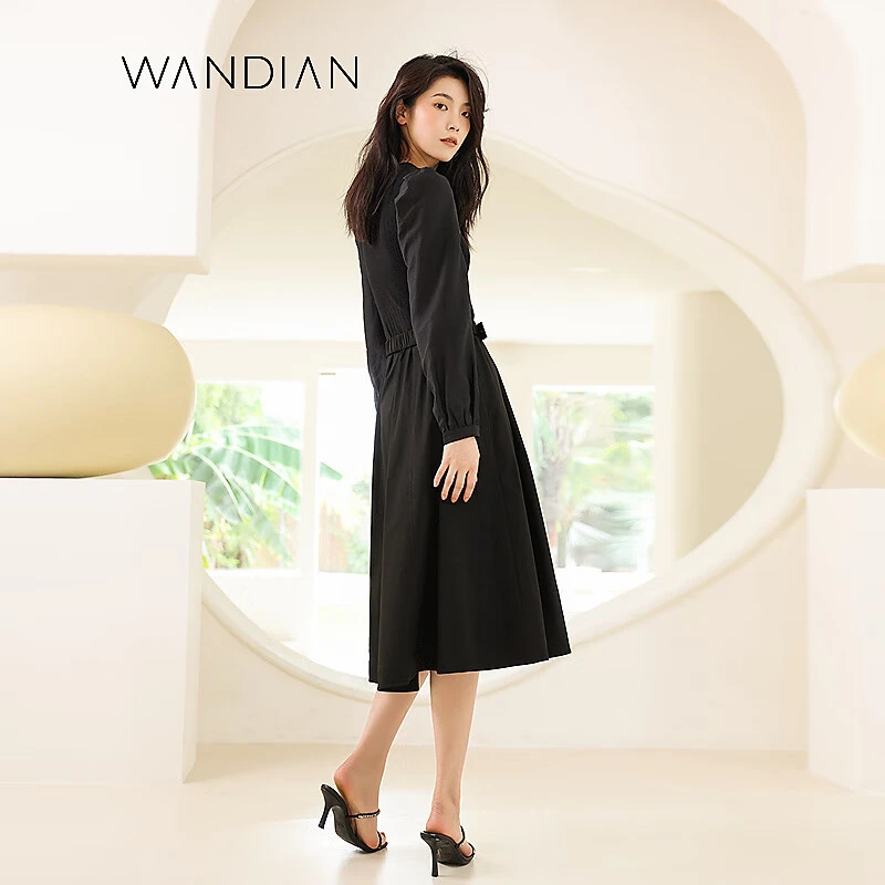 婉甸长袖针织显瘦气质秋冬小黑裙黑色绵羊毛连衣裙1231N04SJ1