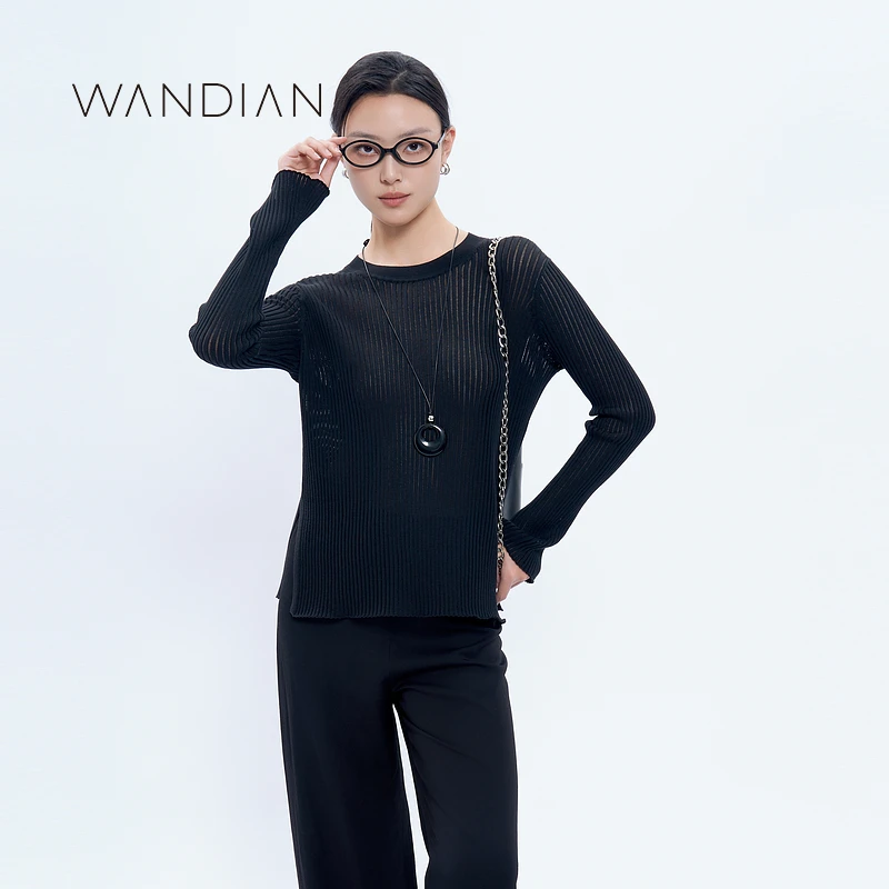 婉甸秋季新品铅笔灰秋冬镂空毛织黑色衫1233W01DS1