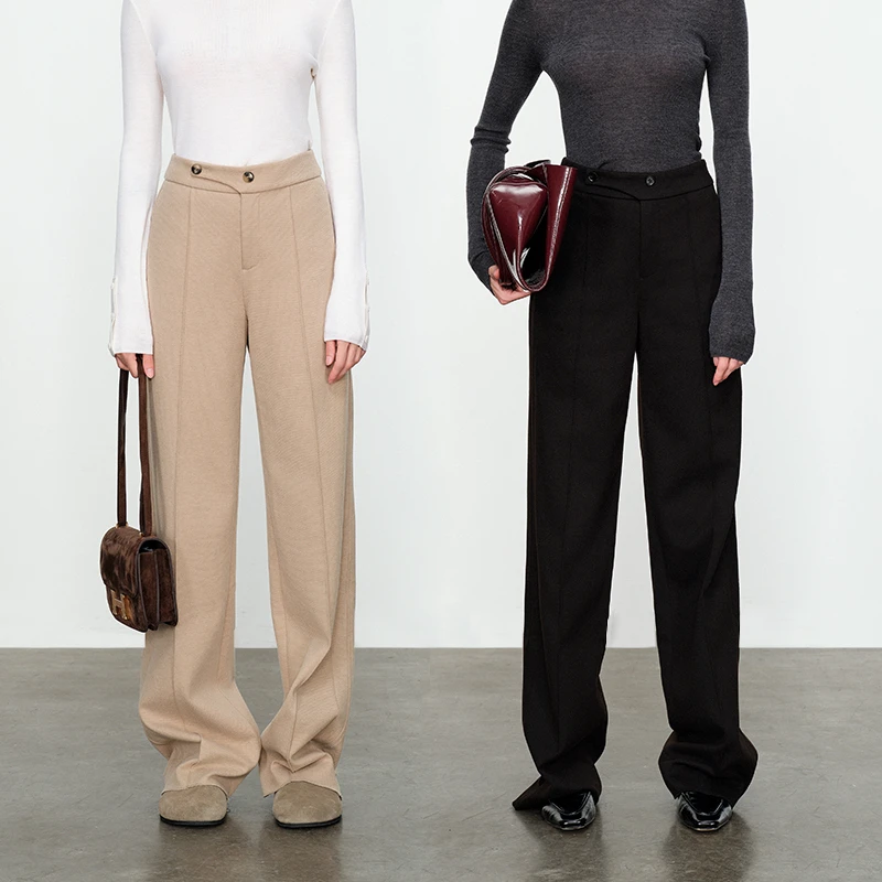 【小余专享】婉甸雪松色拉绒直筒裤高腰新品明线装饰长裤