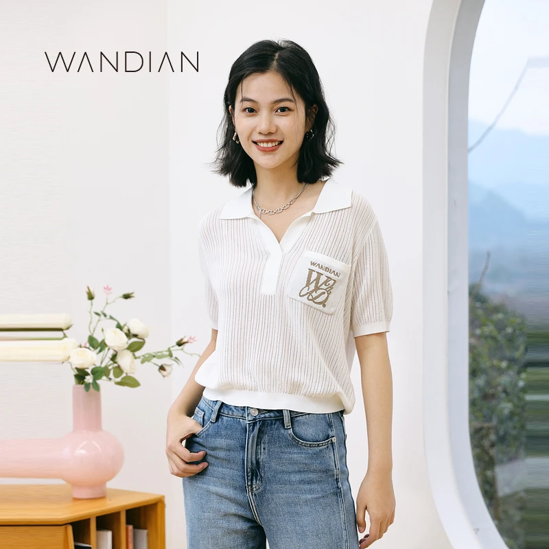 婉甸秋季新品日常条纹百搭短袖毛织套头衫上装1233W04RX1