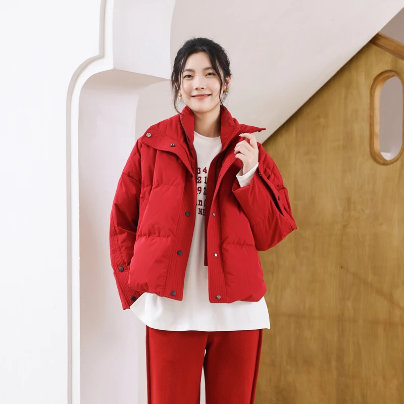 婉甸富贵红短款羽绒服2024冬季新品双层领外套1234D44XS6