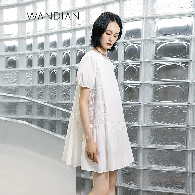 婉甸经典白拼接短袖连衣裙A版气质泡泡袖1232N47SX3