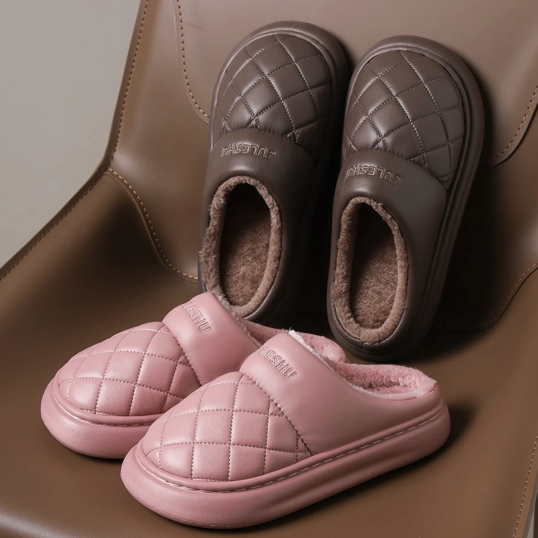 防水皮面棉拖鞋女士2023新款室内棉拖PU材质冬天加绒加厚防滑防污